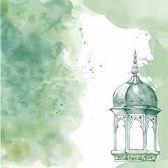 Wall Mural - Simple watercolor green and white Islamic background with lantern.