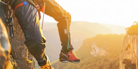 Canvas Print - Base jumper at cliff edge, close-up on gear check, adrenaline-charged moment, soft early morning light.