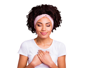 Sticker - Close up photo amazing beautiful she her dark skin lady positive mood grateful thankful emotions cardiac protection idea concept wear head scarf casual white t-shirt isolated pink bright background