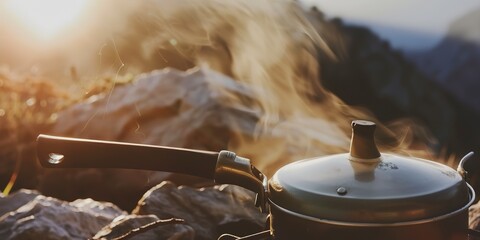 Canvas Print - Camping cookware on a mountain stove, close-up on boiling pot, crisp morning air, natural light.