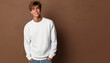 © Maki - A guy wearing a white sweatshirt mockup, copy space, Generative AI.