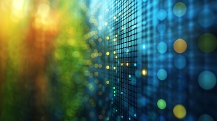 Poster - A digital abstract image featuring a blue grid with colorful bokeh lights in the background.
