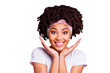 © deagreez - Close up photo amazing beautiful she her dark skin lady great cool unbelievable unexpected goal news novelty arms hands hold head wear head scarf casual white t-shirt isolated pink bright background