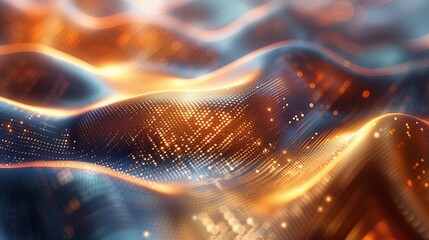 Poster - A close-up image of a swirling abstract wave with a gradient mesh pattern, featuring orange and blue hues with glowing highlights.
