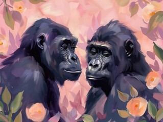 Wall Mural - Watercolor painting of couple gorillas gouache illustration