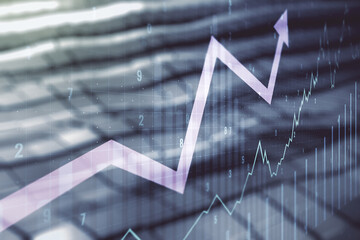 Aufkleber - Double exposure of abstract creative financial chart and upward arrow illustration on blurry metal background, research and strategy concept