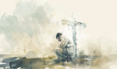 A man kneeling in prayer with the cross of Jesus over his head.