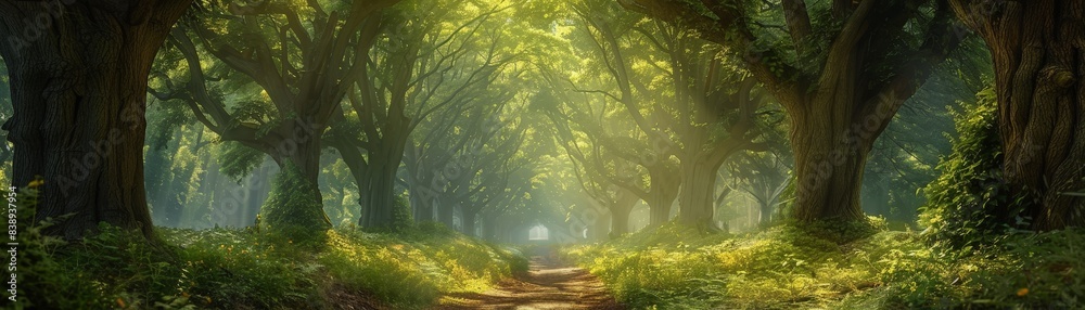 Enchanting Forest Pathway with Sunlight Filtering Through Lush Green ...
