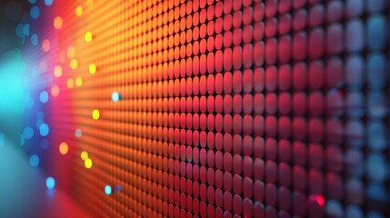 Poster - A close-up shot of a wall made of gradient mesh with red, orange, yellow, and blue lights reflecting off its surface.