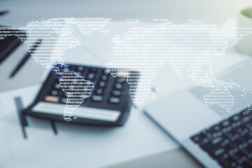 Poster - Multi exposure of abstract creative digital world map hologram on blurry calculator with laptop background, research and analytics concept