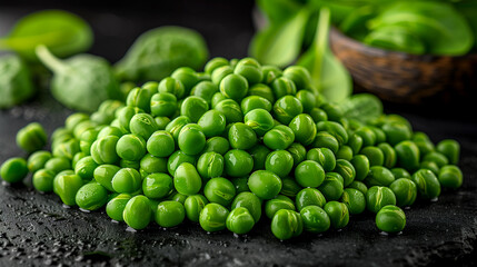 Wall Mural - A pile of green peas on a black surface. The peas are fresh and appear to be ready to be eaten