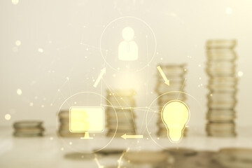Poster - Abstract virtual social network hologram on coins background. Double exposure