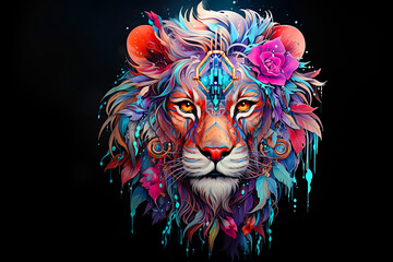 Wall Mural - multicolor neon portrait of a lion in pop art style on a black background.