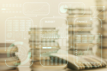 Poster - Multi exposure of abstract virtual graphic data spreadsheet sketch on coins background, analytics and analysis concept