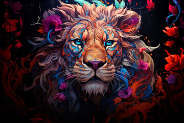 Wall Mural - Abstract, multicolor, neon portrait of a lion's head in pop art style on a black background.