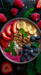 Poster - a colorful breakfast bowl. Arrange fresh berries, sliced fruits, and granola in an , superfoods