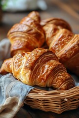 Canvas Print -  Close up of fresh croissants in a basket on a wooden table