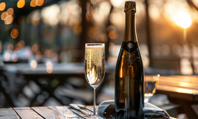 Canvas Print -  a close up of a champagne bottle in a outdoor restaurant 