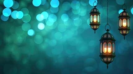 Wall Mural - Hanging lanterns on blue green color bokeh background