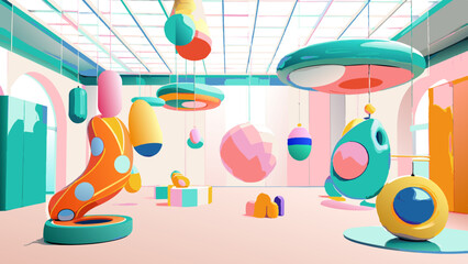 Wall Mural - Colorful Abstract Playground with Futuristic Elements in 3D Art Style