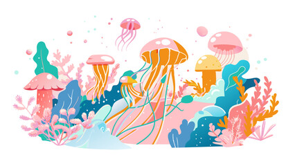 Wall Mural - Vibrant Underwater Seascape with Colorful Jellyfish and Coral Reefs