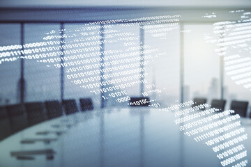 Poster - Double exposure of digital map of North America hologram on a modern meeting room background, research and strategy concept