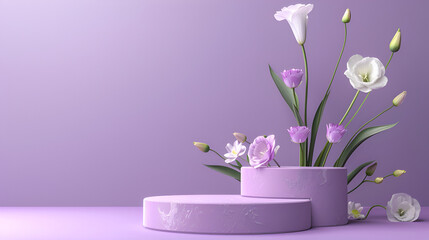 Fototapete - Decorative plaster podiums and beautiful orchid flowers on beige table against lilac background3d rendering of white flower in vase on podium for cosmetic product display

