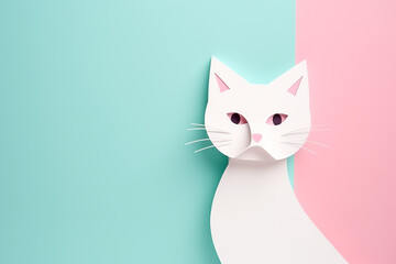 Wall Mural - Cute adorable white cat, simple flat illustration with pastel color and paper cut style, copy space, blue, pink background