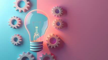 Retro-themed light bulb and gears illustrating a perpetuum mobile idea, featuring textured shadows and pastel colors, 3D rendering for a classic and creative aesthetic