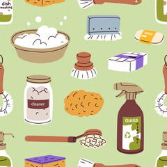 Aufkleber - Eco-friendly cleaning pattern. Seamless background design ecological products, supplies, natural domestic tools. Green zero-waste household print. Flat vector illustration for textile, wrapping paper
