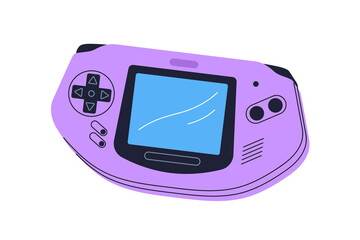 Poster - Game console. Videogame controller. Nostalgic 90s and 00s gamepad. Retro gaming device, digital screen. Old electronic entertainment gadget. Flat vector illustration isolated on white background