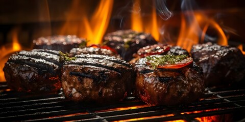 Wall Mural - Sizzling beef patties on a charcoal grill outdoors. Concept Outdoor Cooking, Grilling, BBQ, Charcoal Grill, Beef Patties