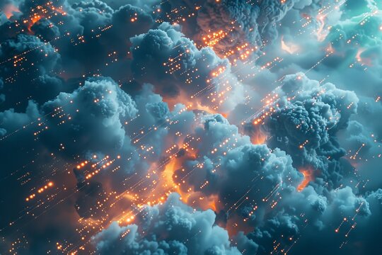 Dramatic aerial view of stormy clouds illuminated by glowing lights, creating a surreal and ethereal atmosphere in the sky.