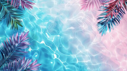 Tropical leaves by a sparkling swimming pool, bright colors. Summer and relaxation concept