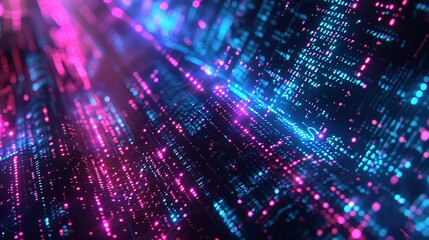 Abstract digital background with glowing blue and pink light patterns. Futuristic technology and data visualization concept.
