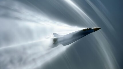 The futuristic aircraft shattered the sound barrier, leaving a sonic boom that rippled through the air, showcasing its immense force