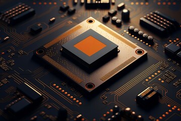 Poster - Close-up image of a modern microprocessor chip integrated into a circuit board