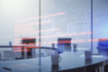 Poster - Multi exposure of abstract software development hologram on a modern meeting room background, research and analytics concept