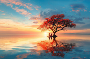 Wall Mural - A tree shaped like a heart symbol, standing in still water at sunset with a couple sitting on its trunk and watching the sky, creating an atmosphere of love and romance. 