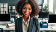© AI ART WORLD - Smiling businesswoman in a modern office. Concept: Professionalism and confidence. Relevant for corporate promotions, business websites, or articles on career success and workplace diversity