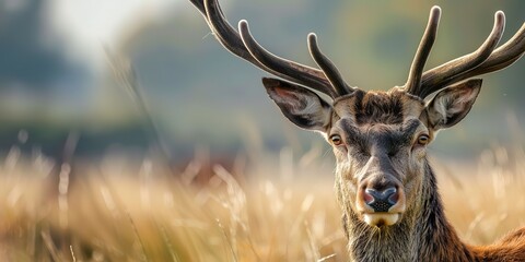 Wall Mural - Mountain deer in a meadow, close-up on antlers and wary expression, diffuse background, early morning.