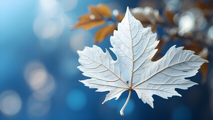 Gorgeous skeletonized white leaf with a round bokeh on a bright blue background. expressive artistic rendering of the splendor and holiness of nature