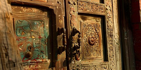 Poster - Close-up on a rustic mountain village door, intricate carvings, worn paint, early evening shadows. 