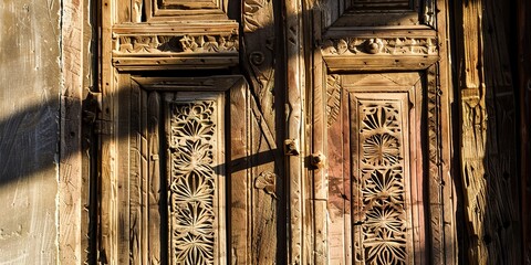 Canvas Print - Close-up on a rustic mountain village door, intricate carvings, worn paint, early evening shadows.