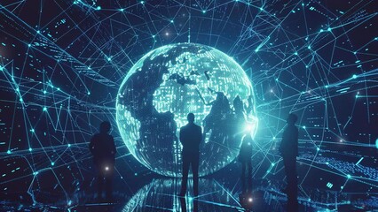 Poster - Global financial market concept. Globe with economic growth lines. Global Economy Network. Digital globe surrounded by network connections with silhouettes of business people standing. Global business
