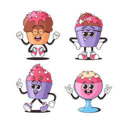 Wall Mural - four cute cartoon dessert characters, cupcakes and ice cream displays different emotions, adding a p