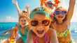 © tanibond - Summer holidays. Sea, beach, happy kids. Background illustration generated by ai.
