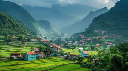 Wall Mural - Village View with Green Rice Fields 