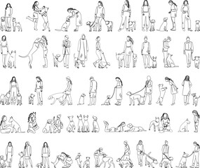 Wall Mural - people with dogs set of vector sketches