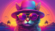 © Patrick Helmholz - Cat with hat and sunglasses at sunset on tropical beach. Vibrant colorful neon retro beach wallpaper.